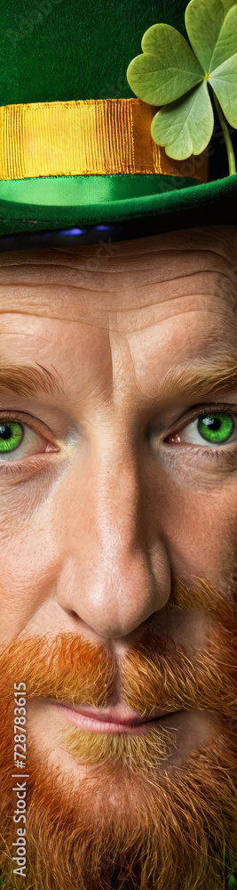 Naklejka premium a headshot of an Irish leprechaun with shamrock and green eyes, Saint Patrick’s Day, Irish gnome, Ireland, cloverleaf, culture, tradition, website skyscraper, webdesign
