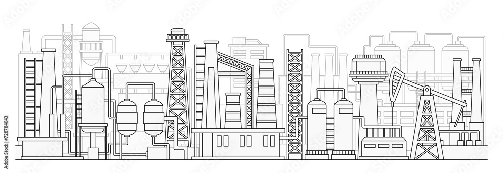 Industrial city silhouette concept. Skyscrapers with construction cranes and pipes. Urban architecture and infrastructure. Outline flat vector illustration isolated on white background
