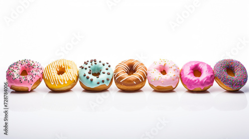 row of colourful iced donuts on white background 