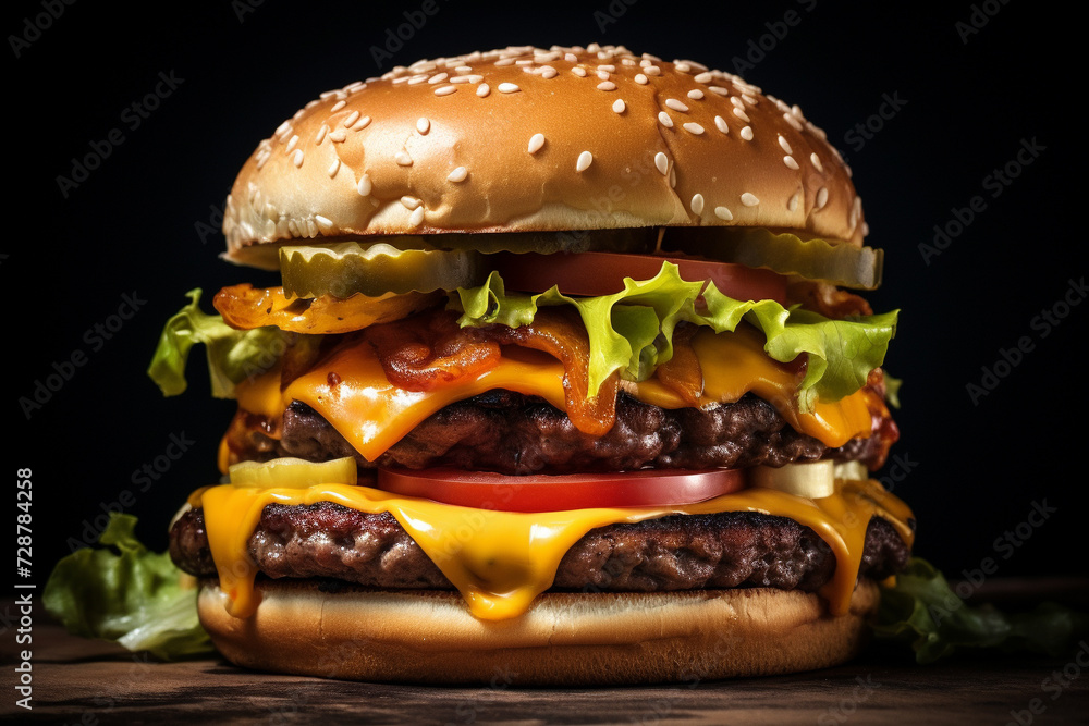 juicy american cheeseburger on a black background