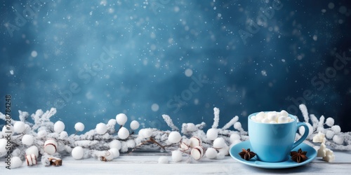 Cozy holiday vibes with blue ceramic cups, hot chocolate, marshmallows, cinnamon, and New Year's.