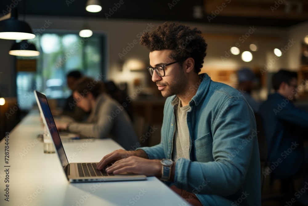 Young Professional Working on Laptop in Busy Cafe. A focused young man with glasses using a laptop in a vibrant cafe setting. Young Professional Working on Laptop in Busy Cafe. A focused young man with glasses using a laptop in a vibrant cafe setting.