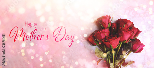 Happy Mother's Day greeting card with beautiful bouquet of roses on festive bokeh background - Mother Day flowers congratulations 