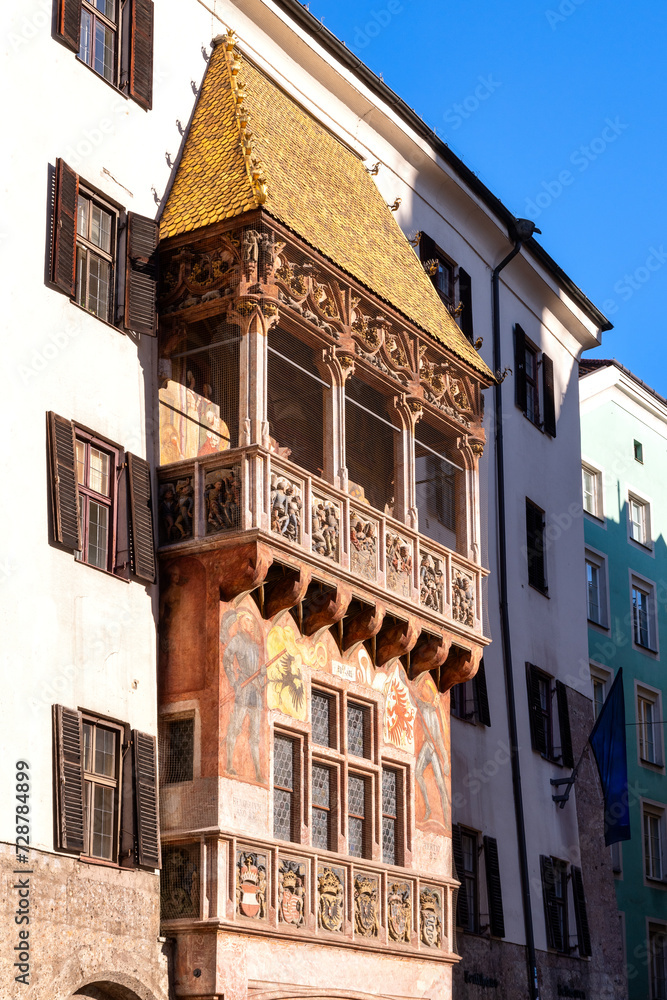 Closeup of the famous Golden Roof (Goldenes Dachl) in Innsbruck, Austria. The roof was built in the 15th century in honor of Maximilian's second marriage.