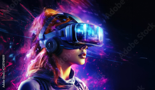 Fashionable Woman in Colorful Virtual Reality Gear Exploring Digital Art in Cyberspace