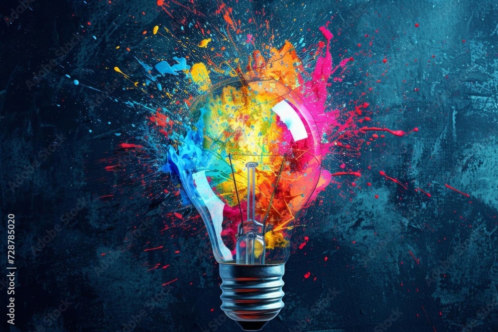 Creative explosion of a light bulb with vibrant paint splashes Innovation and creativity concept - obrazy, fototapety, plakaty 