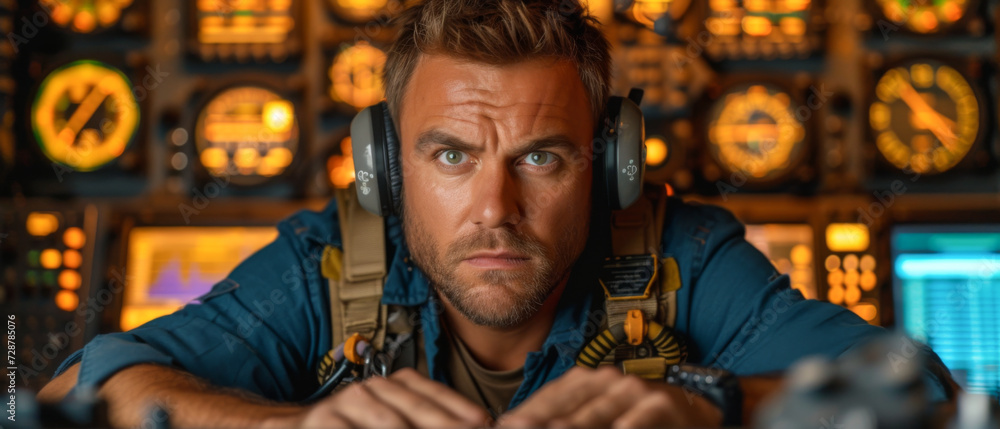 Portrait of male pilot looking at camera while sitting in control room