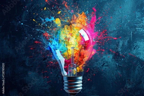 Creative explosion of a light bulb with vibrant paint splashes Innovation and creativity concept photo