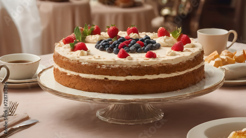 Light beige background; just a cake in the center with lots of photos of people on the cake; a table with a tablecloth