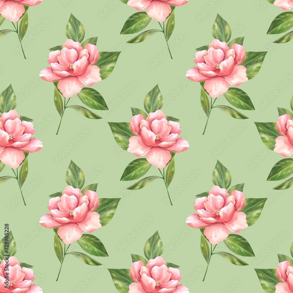Floral seamless pattern background. Seamless pattern with pink flowers on green.