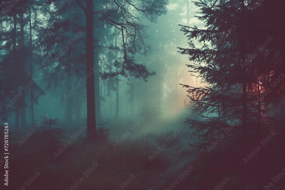Fototapeta premium Misty vintage forest landscape Ethereal foggy woods Retro style nature scene