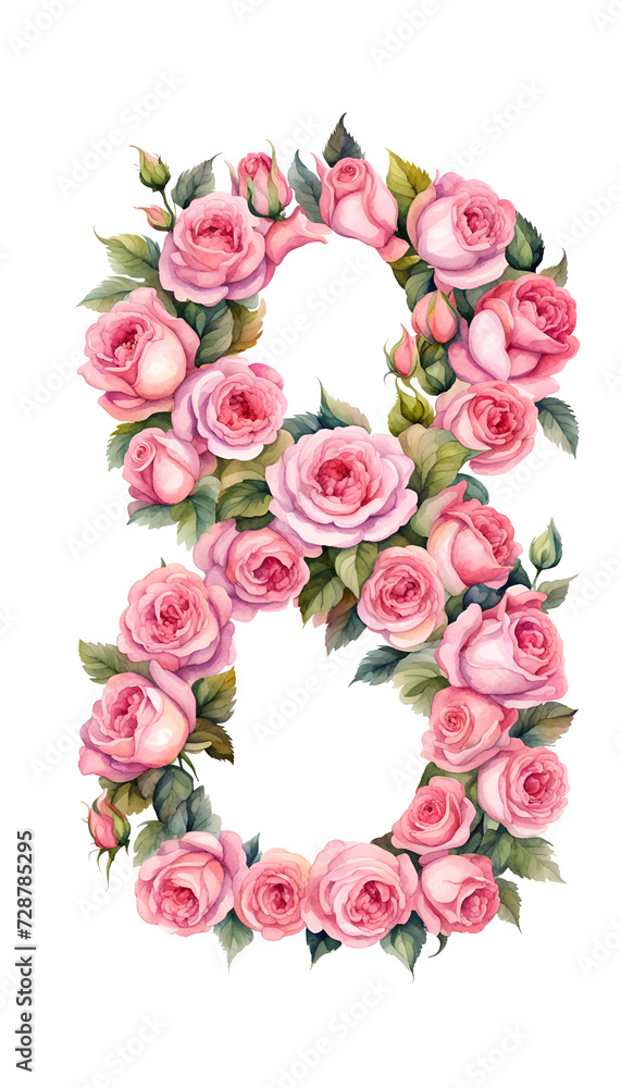 Number eight shape spring frame of pink roses, March 8, isolated png