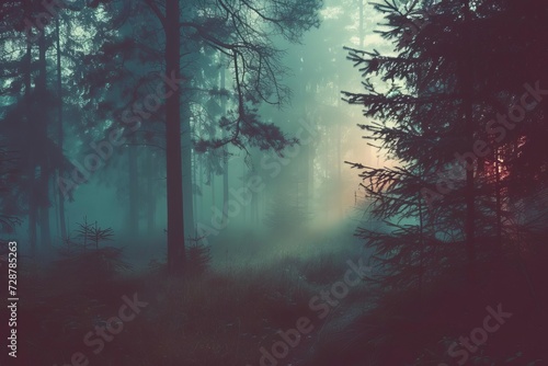 Misty vintage forest landscape Ethereal foggy woods Retro style nature scene