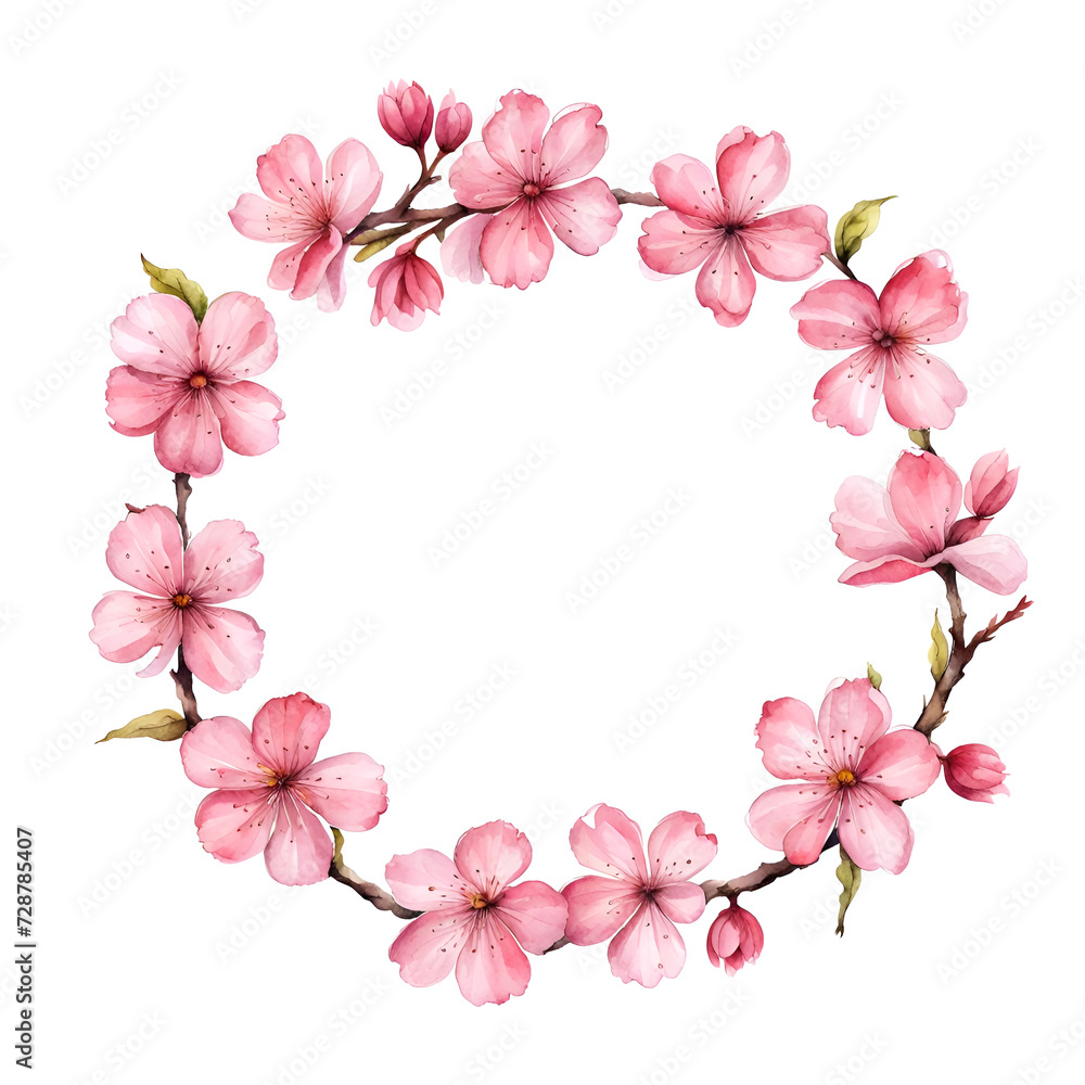 Circle frame of pink cherry blossom flowers, isolated png