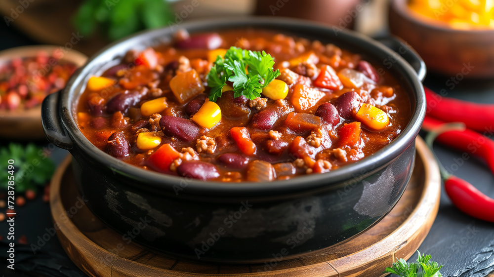 bowl of chili with beans, tomato and ground beef bowl of chili with beans, tomato and ground beef