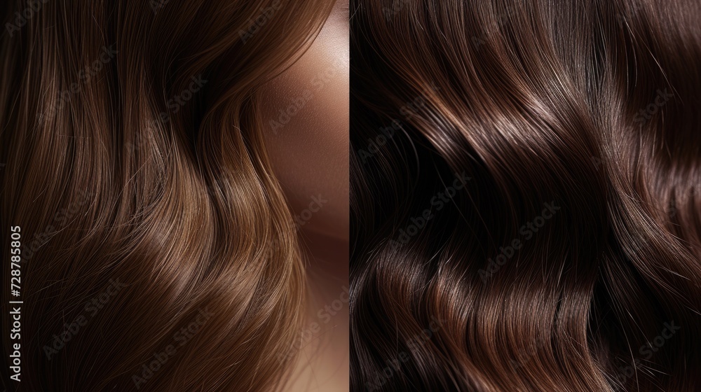 Fototapeta premium From tousled to polished: a side-by-side comparison of brunette hair, highlighting the stark contrast between natural texture and professional styling