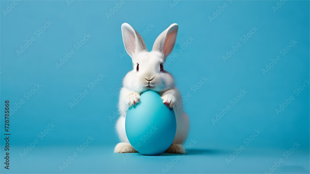 Fototapeta premium White Rabit hatching from blue Easter egg isolated on pastel blue background. Easter celebration. Happy easter. cope space. Rabit sitting beside the egg