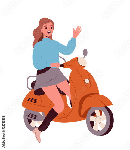 Person motorcyclist concept. Young girl at red bike. Travels and tourism. Character at urban transport. Poster or banner. Cartoon flat vector illustration isolated on white background