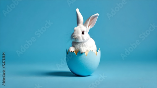 Cute White Rabit hatching from blue Easter egg isolated on pastel blue background. Easter celebration. Happy easter © xumbul
