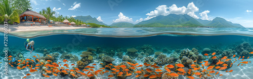 Panorama of coral reef and tropical fish. Seascape with beautiful coral reef and fish.