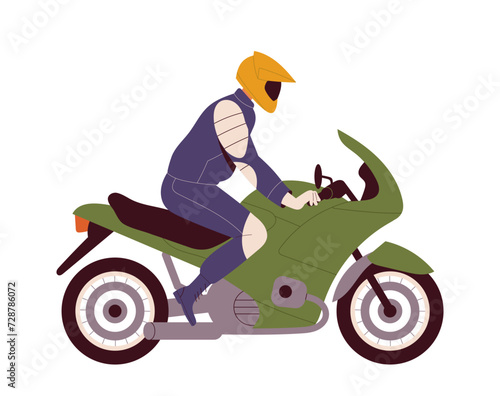 Person motorcyclist concept. Biker in protective helmet. Travels and tourism. Sticker for social networks. Active lifestyle and leisure. Cartoon flat vector illustration isolated on white background