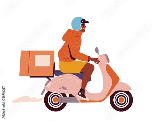Person motorcyclist concept. Biker in protective helmet. Travels and tourism. Courier with parcel. Active lifestyle and leisure. Cartoon flat vector illustration isolated on white background