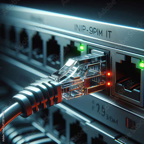 Modern cat 6 ethernet connector plugged into advanced router system, with green and red led lights