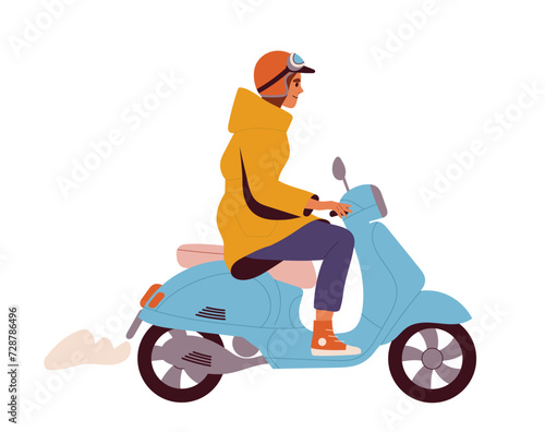 Person motorcyclist concept. Female biker in helmet. Travels and tourism. Graphic element for website. Active lifestyle and leisure. Cartoon flat vector illustration isolated on white background