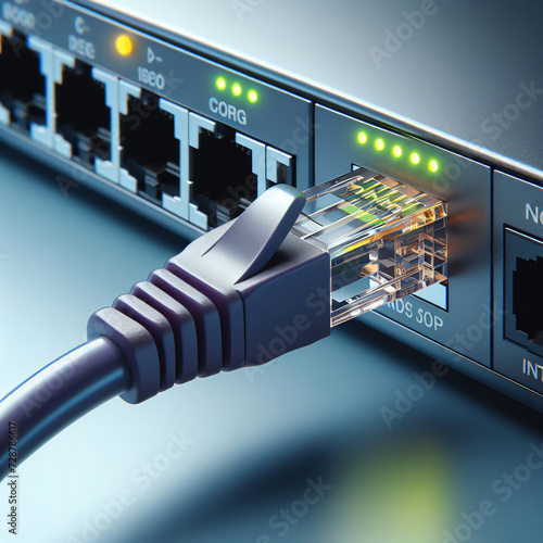 Obraz na płótnie Modern cat 6 ethernet connector plugged into advanced router system, with purple sheath w salonie