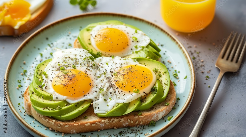 seasoning avocado toast on plate, toast at the bottom, avocado slices, side up eggs on top, sprinkled with black pepper, orange juice, good composition, photo for the restaurant menu