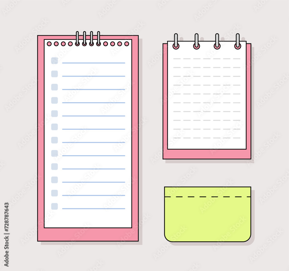 Notes pages line set. Notepad list and clean shits. Planning and scheduling. Diaries for students. Memo and reminders pack. Outline vector collection isolated on pink background Notes pages line set. Notepad list and clean shits. Planning and scheduling. Diaries for students. Memo and reminders pack. Outline vector collection isolated on pink background