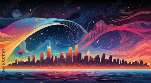  abstract cityscape against a sky filled with bright colors and stars