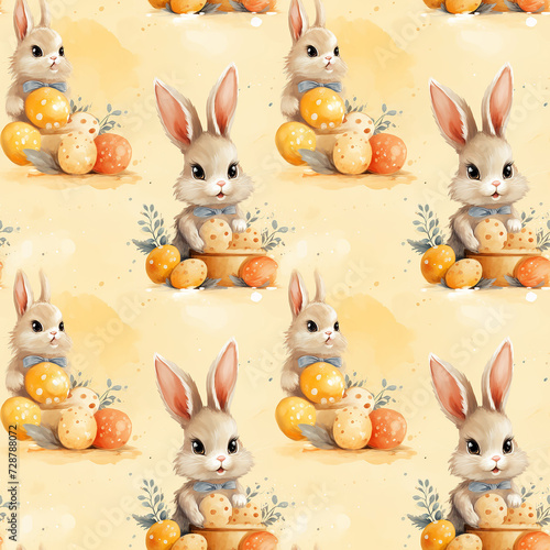 cute watercolor bunny with easter eggs on yellow background. seamless pattern...