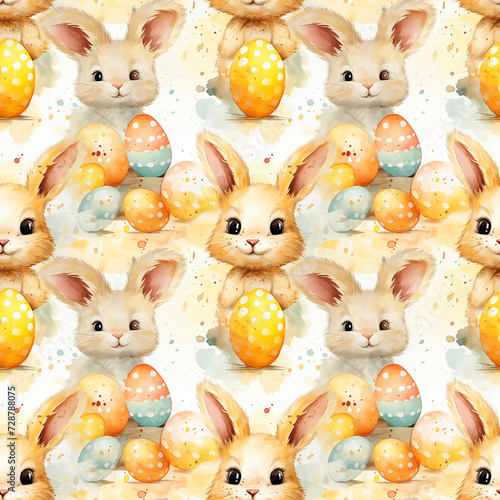 cute watercolor bunny with easter eggs on yellow background. seamless pattern...