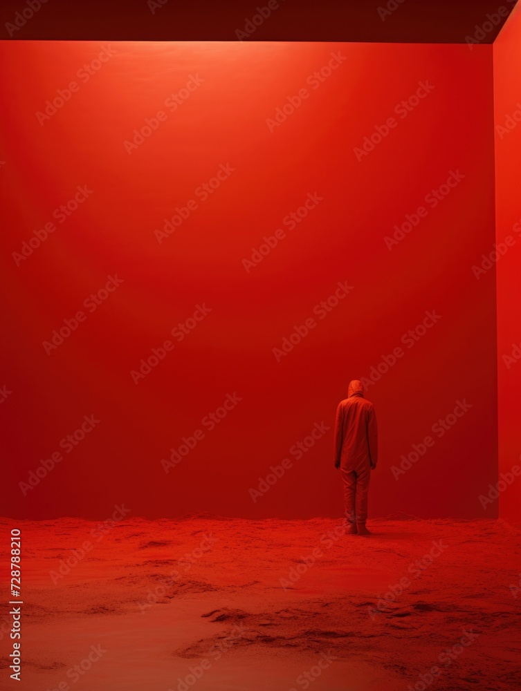 red empty space. a small figure of a man in the distance. loneliness, depression and mental health. to be alone, solo. red empty space. a small figure of a man in the distance. loneliness, depression and mental health. to be alone, solo.