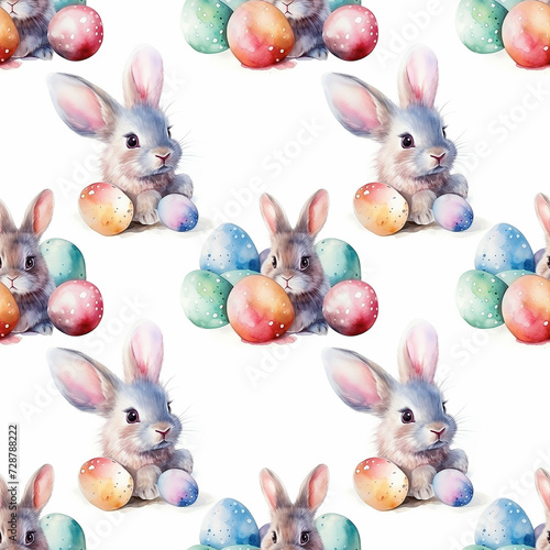 cute watercolor bunny with easter eggs on yellow background. seamless pattern...