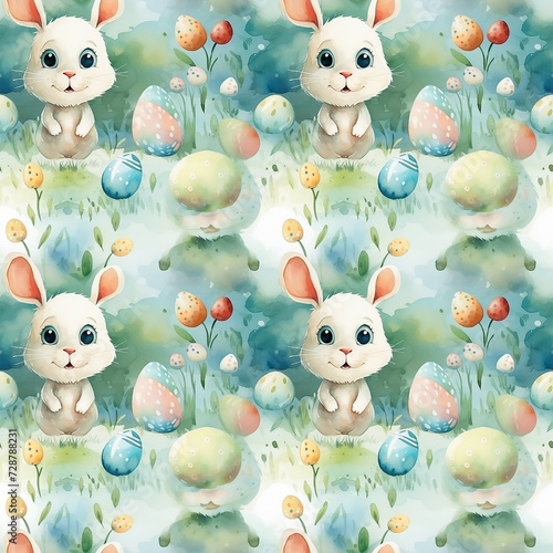 cute watercolor bunny with easter eggs on green background seamless pattern. ...