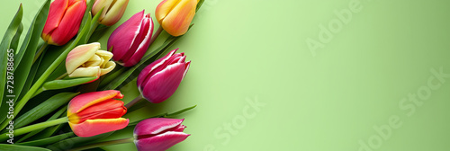 Fresh tulips on green background, spring and holidays concept, top view, copy space