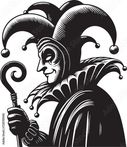 Jester silhouette. Simple illustration black and white vector,  Jester fools hat 