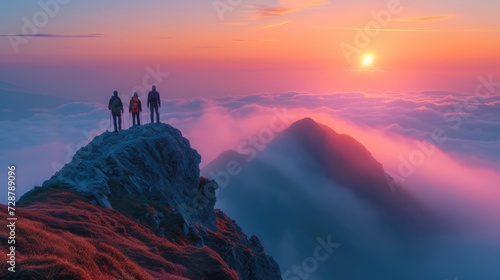 A small group of hikers reach the peak of a mist-covered mountain at dawn against the backdrop of a breathtaking panorama. © Татьяна Креминская