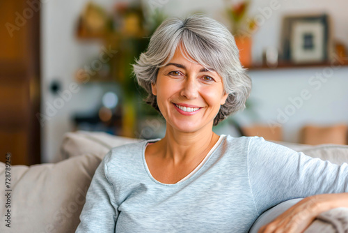 Smiling middle aged woman sitting on sofa at home, a single mature senior in living room