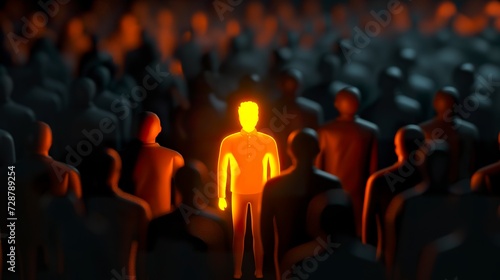 A 3D man radiating light among the crowd in the dark on a digital backdrop. Luminous presence rendered in contrast to a singular figure. Concept of leadership or uniqueness.