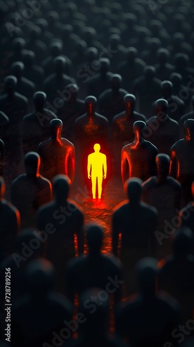 A 3D man radiating light among the crowd in the dark on a digital backdrop. Luminous presence rendered in contrast to a singular figure. Concept of leadership or uniqueness.
