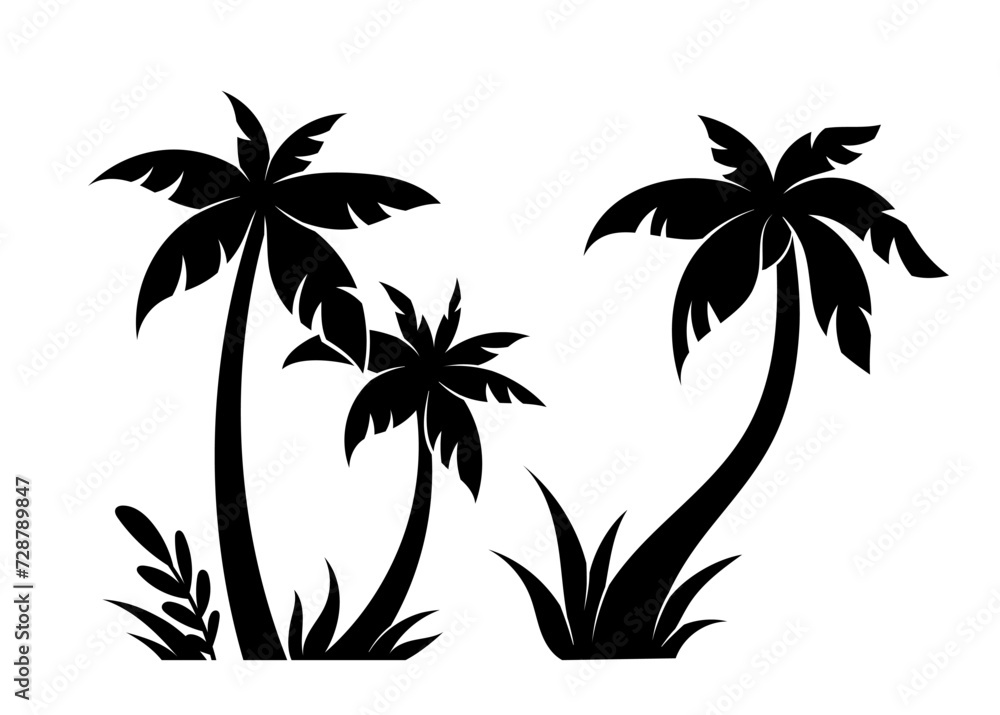 Palm silhouettes set. Symbol of tropical and exotic countries and islands. Flora and foliage. Sticker for social networks. Cartoon flat vector collection isolated on white background
