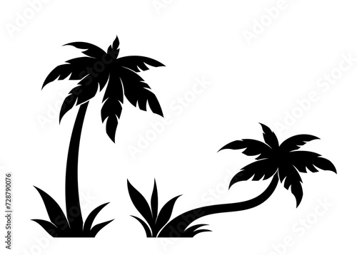 Palm silhouettes set. Symbol of tropical and exotic countries and islands. Trees with foliage and bushes. Aesthetics and elegance. Cartoon flat vector collection isolated on white background