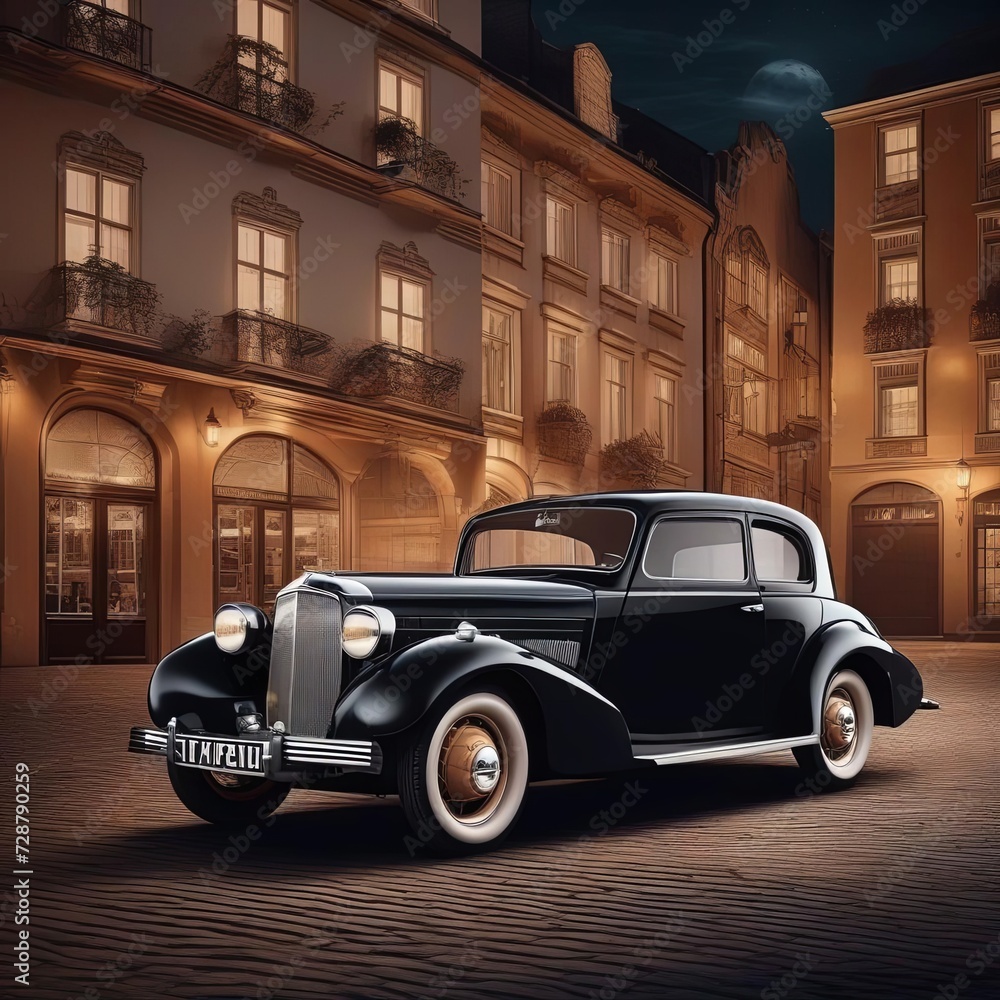 A fictional retro car from the 1930s on a city street. Illustration by Generative AI. A fictional retro car from the 1930s on a city street. Illustration by Generative AI.