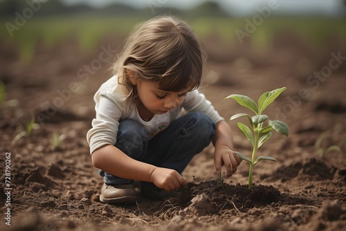 child kid joyfully planting a green tree plant in the forest garden, environmental conservation