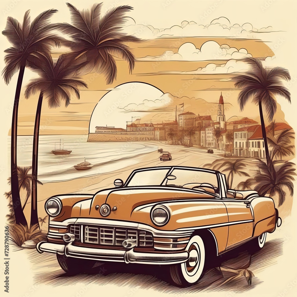 A fictional retro car from the 1950s on the streets of a seaside town.. Illustration by Generative AI.