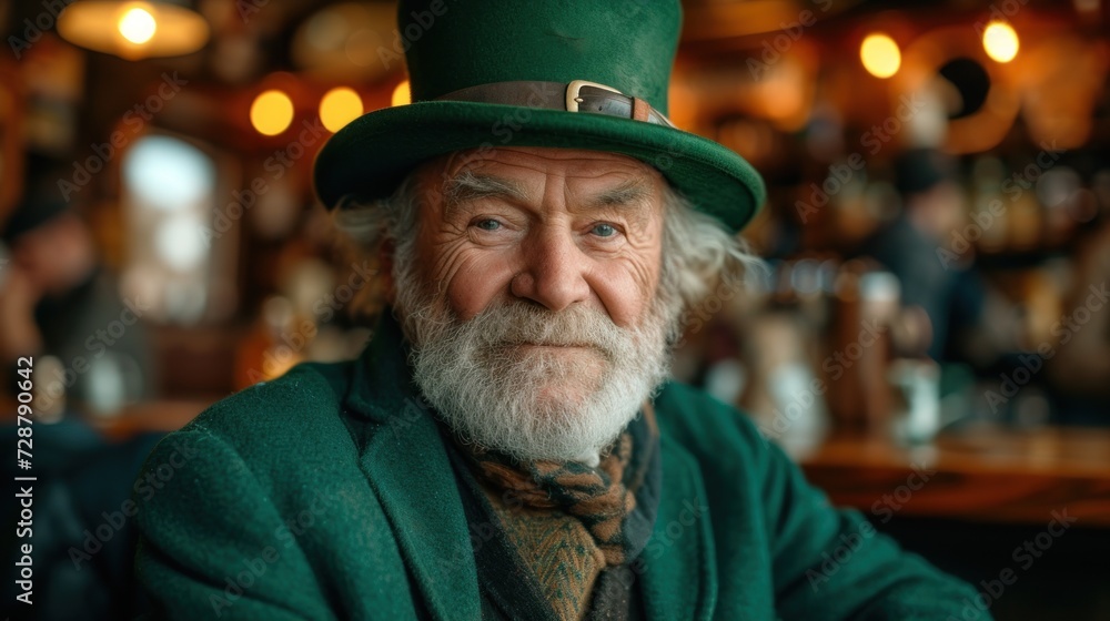 Portrait of a senior man dressed as a green leprechaun, embodying the St. Patrick's Day concept, in Irish pub Portrait of a senior man dressed as a green leprechaun, embodying the St. Patrick's Day concept, in Irish pub