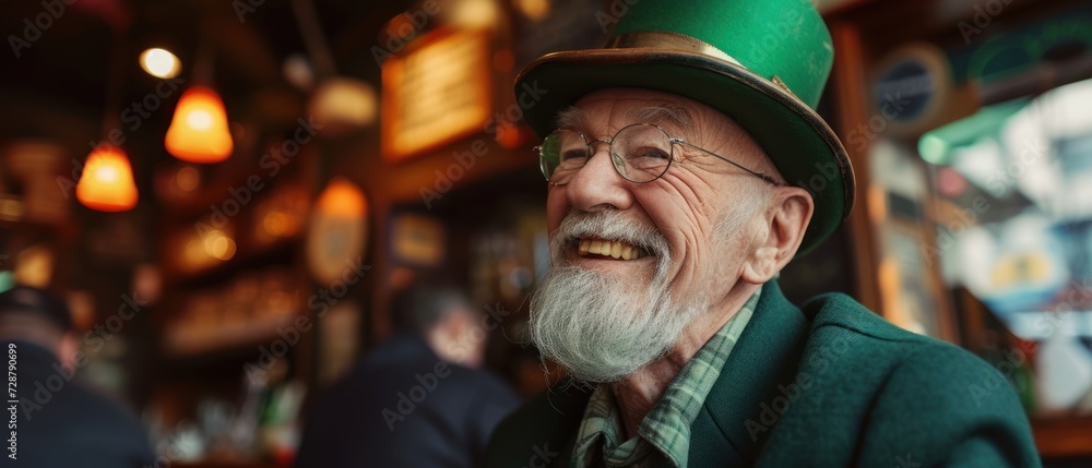 Portrait of a senior man dressed as a green leprechaun, embodying the St. Patrick's Day concept, in Irish pub